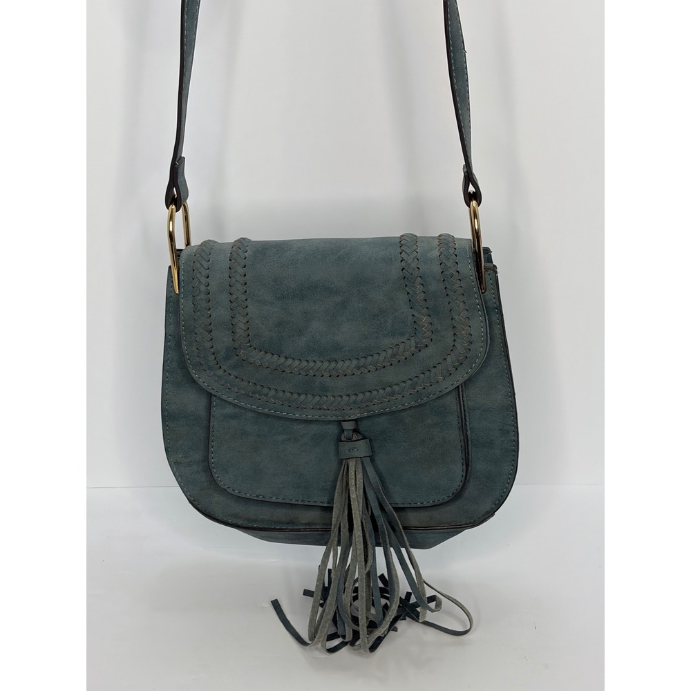 Franco Sarto Teal Blue Faux Suede Tassel Crossbody Saddle Bag Gold Hardware